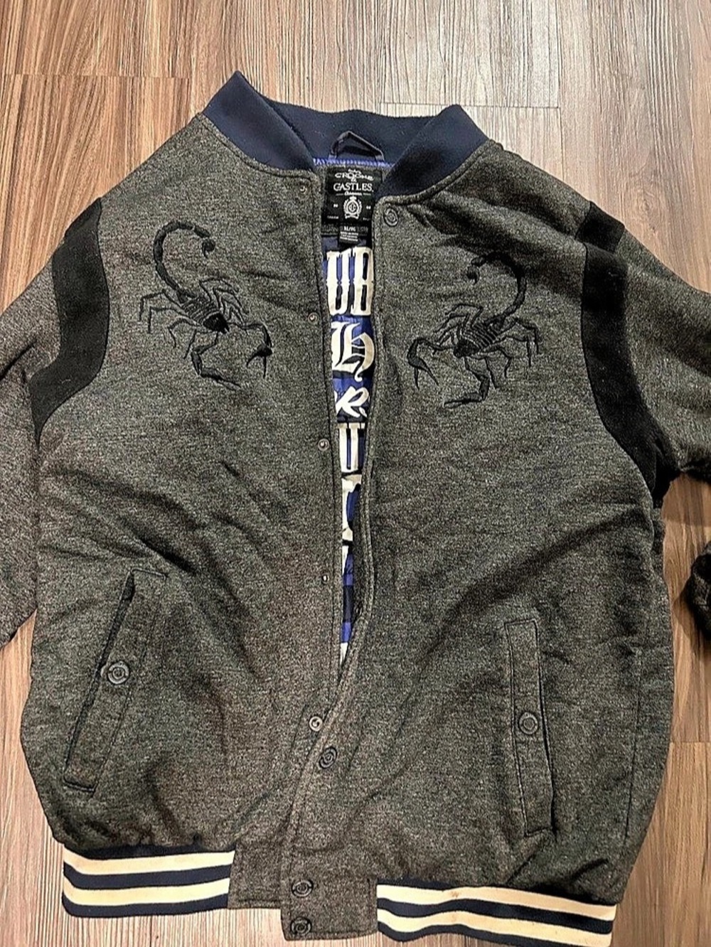 Vintage Crooks & Castles Striped Bomber Jacket in Gray & Blue XL
